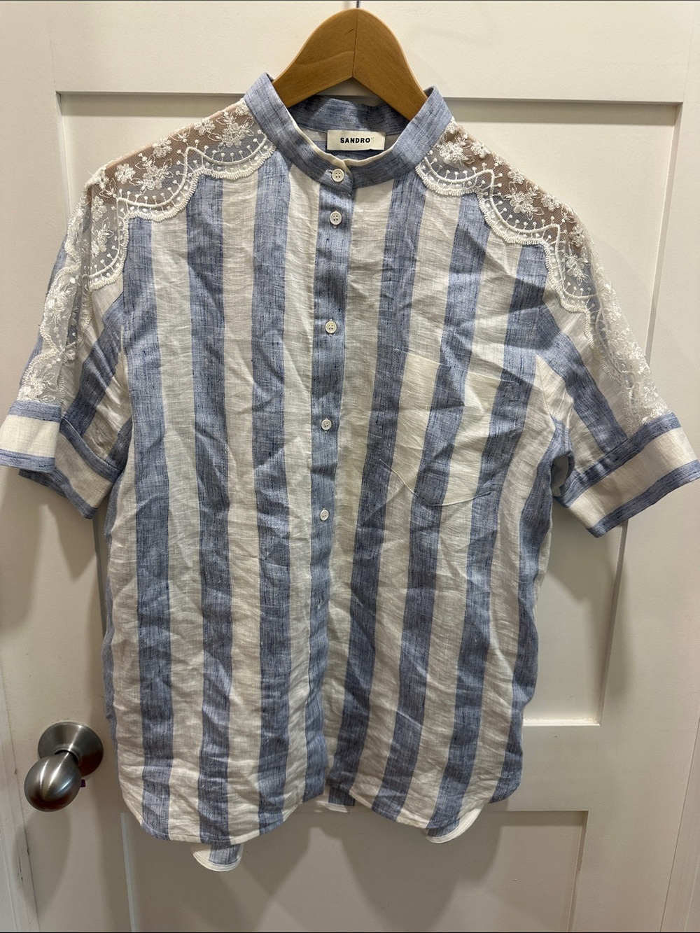 Sandro Blue & White Striped Short-Sleeve Button-Down Shirt with Lace Yoke